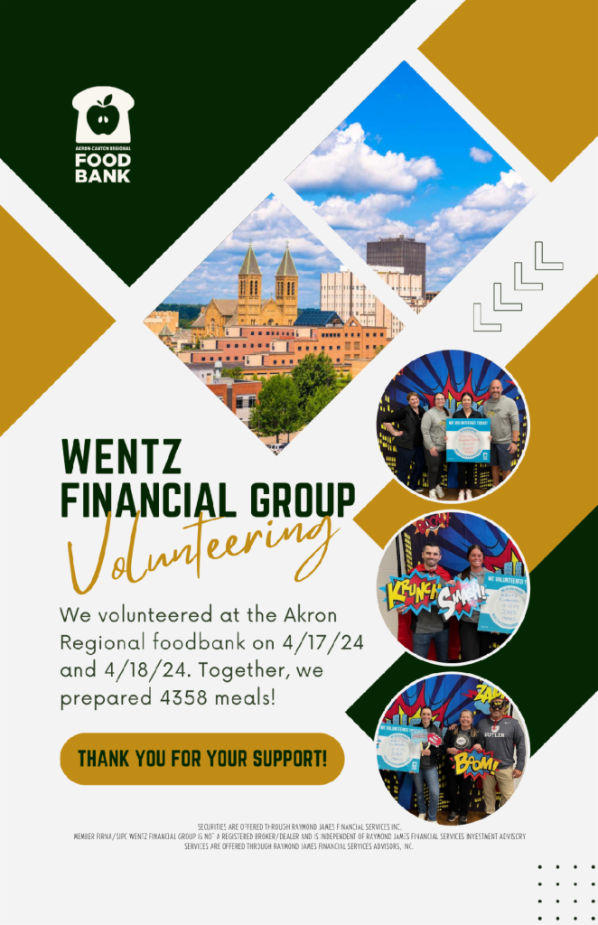 Image of a group of volunteers posing for a photo at the Akron Regional Foodbank. The group is wearing Wentz Financial Group volunteer shirts. A banner behind the group says 